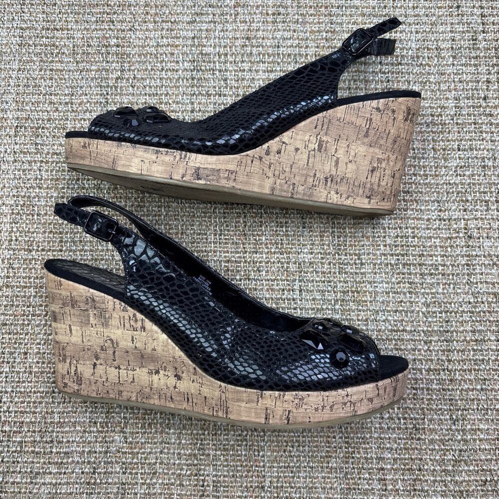 💎 Laura Ashley Cork Wedge Sandal | 10M | Black Snakeskin Jewel